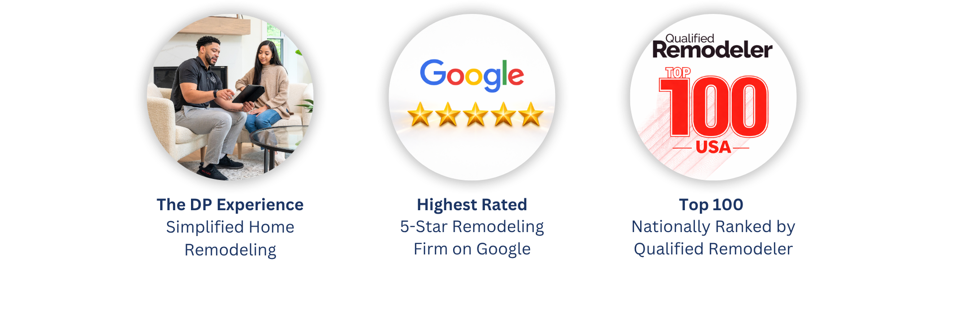 Design Pro Remodeling team holding three awards: “The DP Experience – Simplified Home Remodeling,” “Highest Rated 5-Star Remodeling Firm on Google,” and “Top 100 Nationally Ranked by Qualified Remodeler.”
